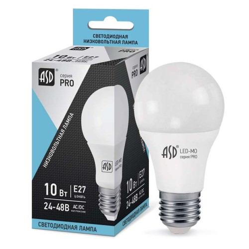 Лампа светодиодная LED-MO-24/48В-PRO 10Вт 4000К нейтр. бел. E27 800лм 24-48В низковольтная ASD 46906