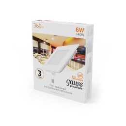 Светильник светодиодный Slim 6Вт 3000К IP20 360лм 220-240В ДВО квадрат бел. GAUSS 940111106