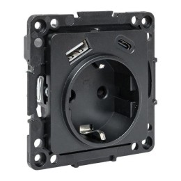 Розетка 1-м СП Стокгольм 16А USB A+C с заземл. защ. шторки винтов. клеммы механизм черн. EKF EZR16-2