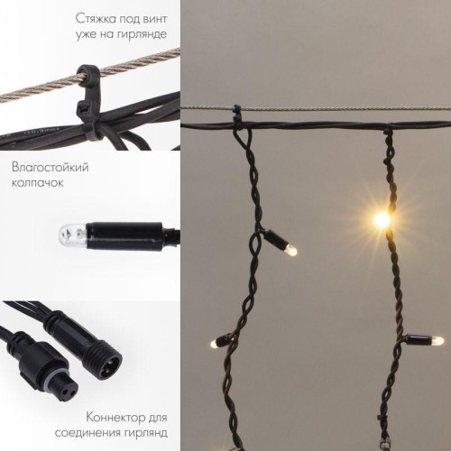 Гирлянда светодиодная "Айсикл" (бахрома) 3.2х0.6м 88LED тепл. бел. 11Вт IP67 эффект мерцания провод