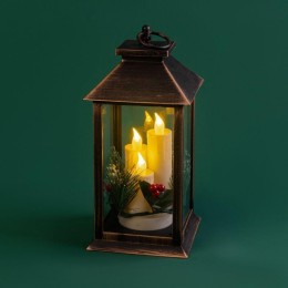 Фонарь декоративный 14х14х27см тепл. бел. со свечкой и шишкой корпус бронз. Neon-Night 513-048