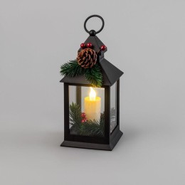 Фонарь декоративный 10.7х10.7х23.5см тепл. бел. со свечкой и шишкой корпус черн. Neon-Night 513-047