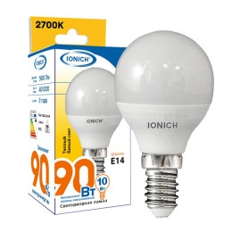 Лампа светодиодная P45 10Вт "Шар" 2700К Е14 230В тепл. бел. IONICH 1804