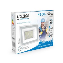Прожектор светодиодный Elementary 50Вт 6500К IP65 4500лм 200-240В ДО бел. GAUSS 613120350