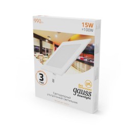 Светильник светодиодный Slim 15Вт 3000К IP20 990лм 220-240В ДВО квадрат бел. GAUSS 940111115