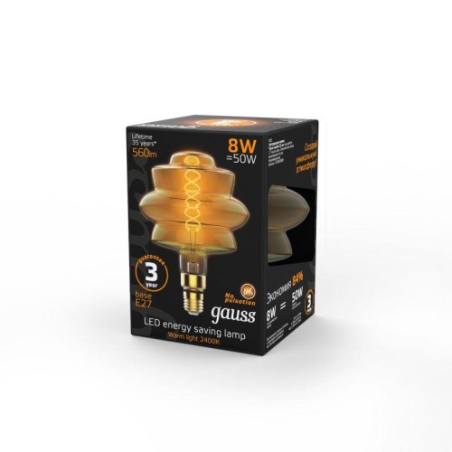 Лампа светодиодная филаментная Black Filament 8Вт BD180 золотая 2400К тепл. бел. E27 560лм GAUSS 161