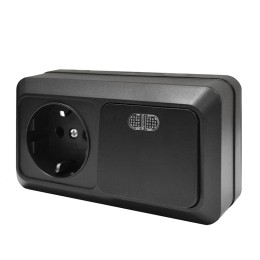 Блок ОП Олимп 1-кл. выкл. с подсветкой 10А + роз. с заземл. 16А 220В горизонт. черн. Universal 79468