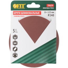 Круг шлифовальный сплошные (липучка) алюм./оксид 125мм (уп.5шт) Р 240 FIT 39659