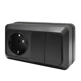 Блок ОП Олимп 2-кл. выкл. 10А + роз. с заземл. 16А 220В горизонт. черн. Universal 7946810