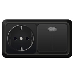 Блок ОП Олимп 2-кл. выкл. с подсветкой 10А + роз. с заземл. 16А 220В горизонт. черн. Universal 79468