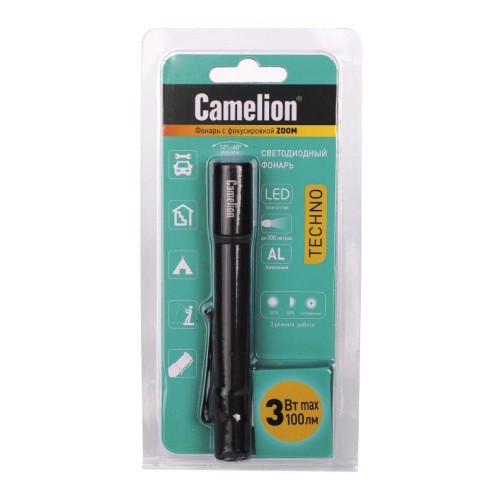 Фонарь LED51533 LED XPE ZOOM 3 режима 2хLR03 алюм. черн. (открывающ. блист.) Camelion 14535