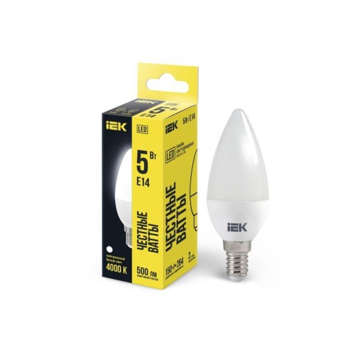 Лампа светодиодная Eco 5Вт C35 свеча 4000К нейтр. бел. E14 450лм 230-240В IEK LLE-C35-5-230-40-E14