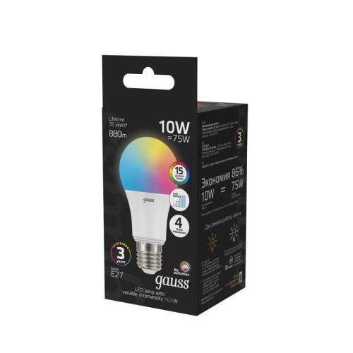 Лампа светодиодная Black 10Вт A60 грушевидная RGBW E27 диммир. GAUSS 102102410