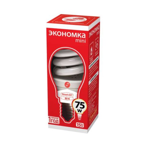 Лампа люминесцентная компакт. SPC 15Вт E14 спиральная 4200К T2 ЭКОНОМКА LKsmT2SPC15wE1442eco