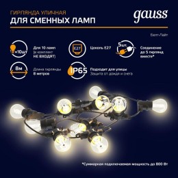 Гирлянда для сменных ламп Белт Лайт Holiday 10 ламп 8м черн. IP65 GAUSS HL070
