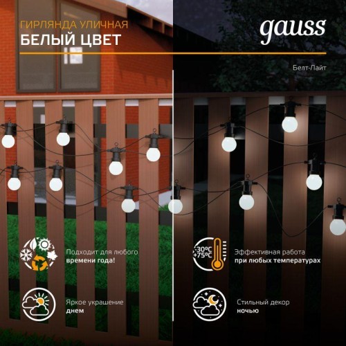 Гирлянда светодиодная Белт Лайт Holiday 10 ламп 7.7м бел. IP44 GAUSS HL062