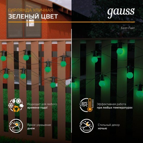 Гирлянда светодиодная Белт Лайт Holiday 10 ламп 7.7м зел. IP44 GAUSS HL061