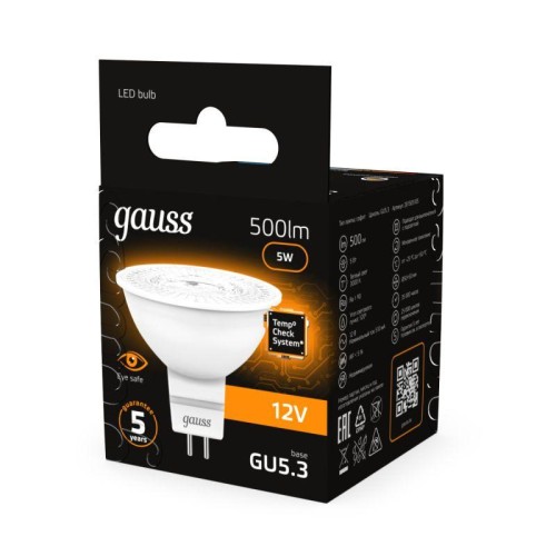 Лампа светодиодная Black 5Вт MR16 софит 3000К тепл. бел. GU5.3 500лм DC 12В GAUSS 201505105