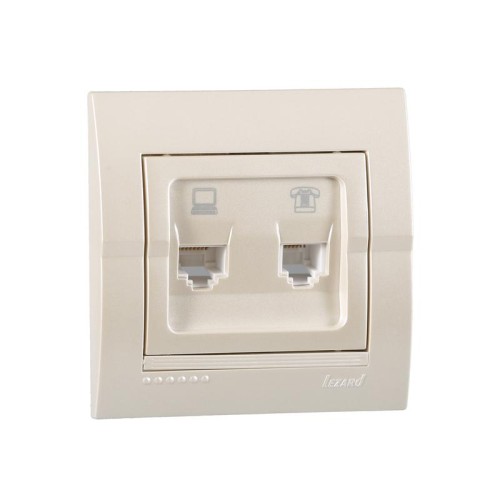 Розетка компьютерная + телефонная 2-м СП Deriy RJ45 + RJ11 IP20 жемчуж./бел. метал. LEZARD 702-3030-