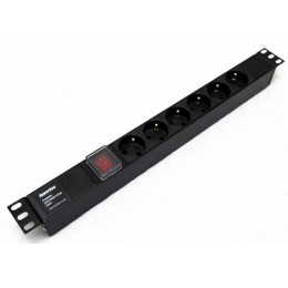 Блок розеток 6-м 10А SHE19-6SH-S-IEC 250В Schuko IEC 60320 C14 482.6х44.4х44.4мм для 19дюйм горизонт
