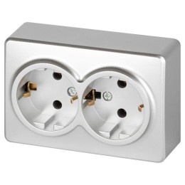 Розетка 2-м ОП Эксперт 11-2205-03 16А IP20 250В 2х2P+E Schuko с заземл. алюм. Эра Б0063046