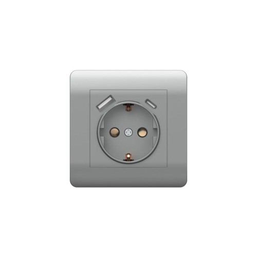 Розетка NEW3-E 16А с заземл. защ. шторки с 2-мя заряд. устройствами USB A+C 5В/2.1А серебр. CHINT 43