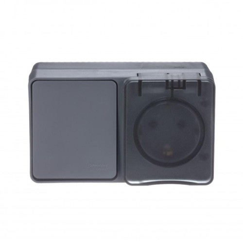 Блок ОП AtlasDesign Profi54 (розетка 16А 250В с заземл. защ. шторки + 1-кл. выкл. 10А) IP54 антрацит