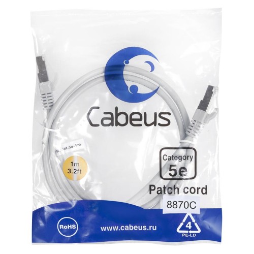 Патч-корд F/UTP кат.5E PC-FTP-RJ45-Cat.5e-1m-LSZH 2хRJ45/8p8c экранир. LSZH 1м сер. Cabeus 8870c