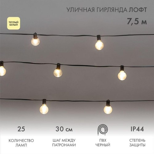 Гирлянда "Лофт" 7.5м 25 прозр. ламп тепл. бел. 2.5Вт IP44 уличная влагостойкая провод ПВХ черн Neon-