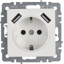 Розетка BRITE РЮш10-1-БрБ 16А с USB A+A 2.1А с заземл. защ. шторки механизм бел. IEK BR-R14-16-U21-D