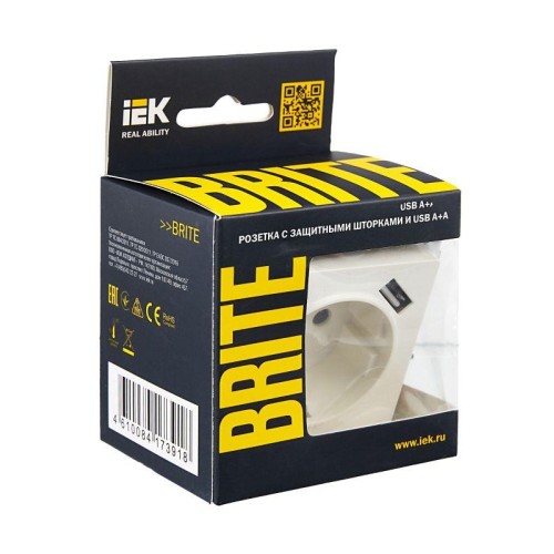 Розетка BRITE РЮш10-2-БрБ 16А с USB A+A 3.1А с заземл. защ. шторки механизм бел. IEK BR-R14-16-U21-D