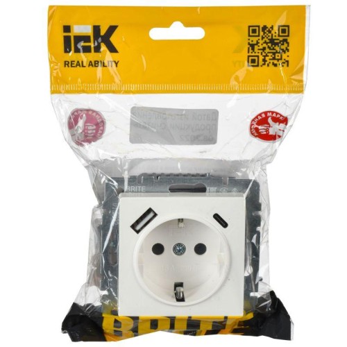 Розетка BRITE РЮш11-1-БрБ 16А с USB A+C 18Вт с заземл. защ. шторки механизм бел. IEK BR-R14-16-U22-0
