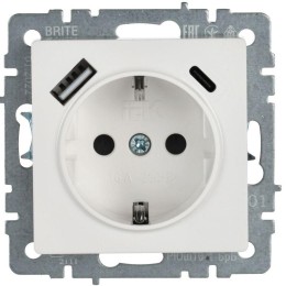 Розетка BRITE РЮш11-1-БрБ 16А с USB A+C 18Вт с заземл. защ. шторки механизм бел. IEK BR-R14-16-U22-0
