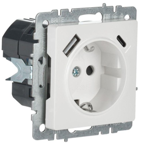 Розетка BRITE РЮш11-1-БрБ 16А с USB A+C 18Вт с заземл. защ. шторки механизм бел. IEK BR-R14-16-U22-0