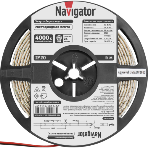Лента светодиодная 71 424 NLS-5050W60-14.4 IP20 12B R5 14.4Вт/м (уп.5м) Navigator 71424