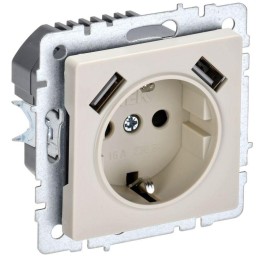 Розетка BRITE РЮш10-2-БрКр 16А с USB A+A 3.1А с заземл. защ. шторки механизм беж. IEK BR-R14-16-U21-