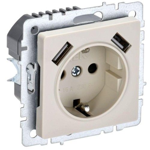Розетка BRITE РЮш10-2-БрКр 16А с USB A+A 3.1А с заземл. защ. шторки механизм беж. IEK BR-R14-16-U21-