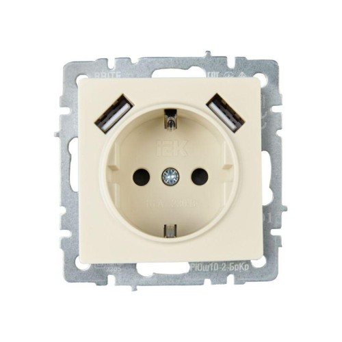Розетка BRITE РЮш10-2-БрКр 16А с USB A+A 3.1А с заземл. защ. шторки механизм беж. IEK BR-R14-16-U21-