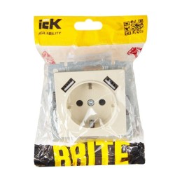Розетка BRITE РЮш10-2-БрКр 16А с USB A+A 3.1А с заземл. защ. шторки механизм беж. IEK BR-R14-16-U21-