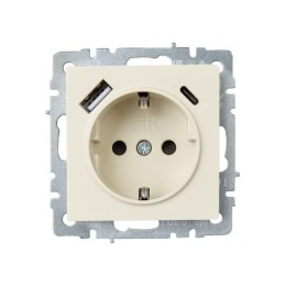 Розетка BRITE РЮш11-1-БрКр 16А с USB A+C 18Вт с заземл. защ. шторки механизм беж. IEK BR-R14-16-U22-
