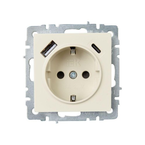 Розетка BRITE РЮш11-1-БрКр 16А с USB A+C 18Вт с заземл. защ. шторки механизм беж. IEK BR-R14-16-U22-