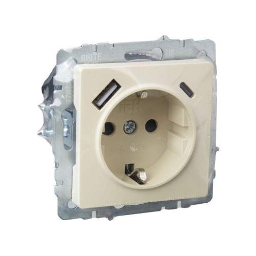 Розетка BRITE РЮш11-1-БрКр 16А с USB A+C 18Вт с заземл. защ. шторки механизм беж. IEK BR-R14-16-U22-