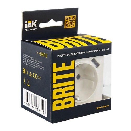 Розетка BRITE РЮш10-1-БрЖ 16А с USB A+A 2.1А с заземл. защ. шторки механизм жемчуж. IEK BR-R14-16-U2