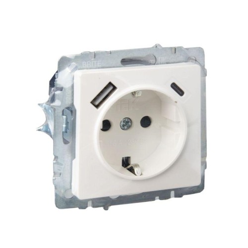 Розетка BRITE РЮш11-1-БрЖ 16А с USB A+C 18Вт с заземл. защ. шторки механизм жемчуж. IEK BR-R14-16-U2