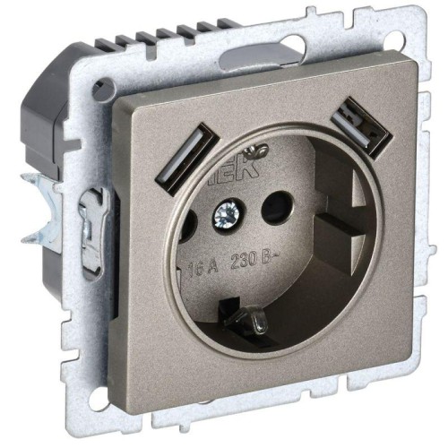 Розетка BRITE РЮш10-1-БрШ 16А с USB A+A 2.1А с заземл. защ. шторки механизм шампань IEK BR-R14-16-U2
