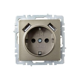 Розетка BRITE РЮш10-1-БрШ 16А с USB A+A 2.1А с заземл. защ. шторки механизм шампань IEK BR-R14-16-U2