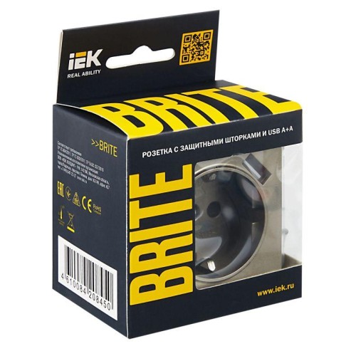 Розетка BRITE РЮш10-1-БрШ 16А с USB A+A 2.1А с заземл. защ. шторки механизм шампань IEK BR-R14-16-U2