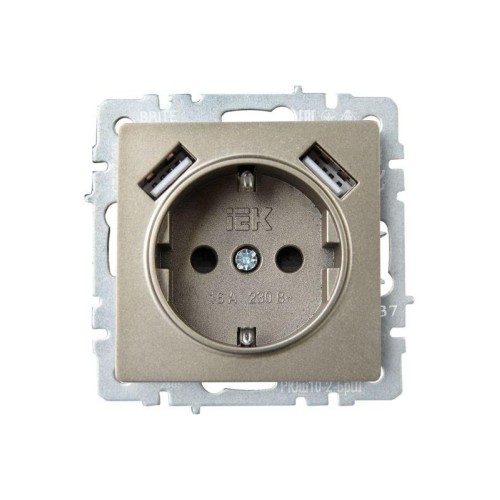 Розетка BRITE РЮш10-2-БрШ 16А с USB A+A 3.1А с заземл. защ. шторки механизм шампань IEK BR-R14-16-U2