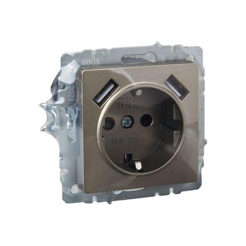 Розетка BRITE РЮш10-2-БрШ 16А с USB A+A 3.1А с заземл. защ. шторки механизм шампань IEK BR-R14-16-U2