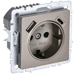Розетка BRITE РЮш11-1-БрШ 16А с USB A+C 18Вт с заземл. защ. шторки механизм шампань IEK BR-R14-16-U2